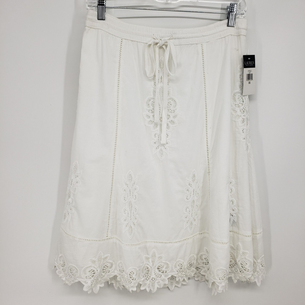 Ralph Lauren Eyelet Lace Cotton A-Line Skirt Women Size XS White NWT Embroidered